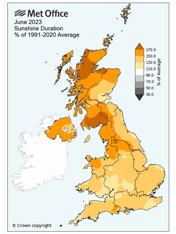 Average sunshine above and below average 1991 - 2020. Pic: Met Office 