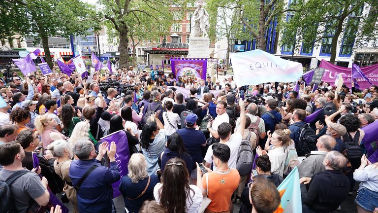 The crowd during a protest by members of the British actors union Equity in Leicester Square, London, in solidarity with striking Hollywood members of the Screen Actors Guild - American Federation of Television and Radio Artists (Sag-Aftra). Picture date: Friday July 21, 2023.