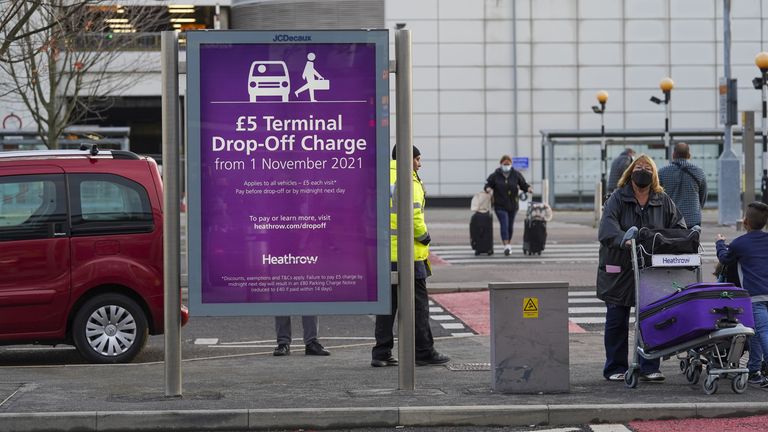 Terminal 3 of Heathrow Airport, London, advising of the new drop-off charge 