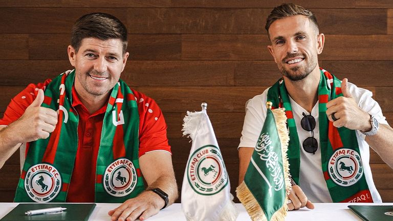 Al-Ettifaq coach Steven Gerrard poses for a photograph with Jordan Henderson