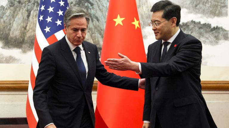 US Secretary of State Antony Blinken, left, meets with Qing Gang in June. Pic: AP