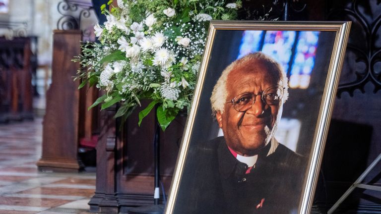 A portrait of late Archbishop Desmond Tutu is displayed during the state funeral at St George&#39;s Cathedral in Cape Town, South Africa, January 1, 2022