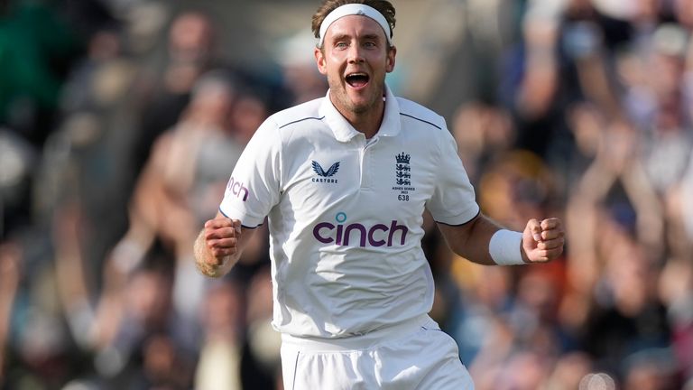 England's Stuart Broad celebrates bowling out Australia on day five of the fifth Ashes Test 
Pic:AP