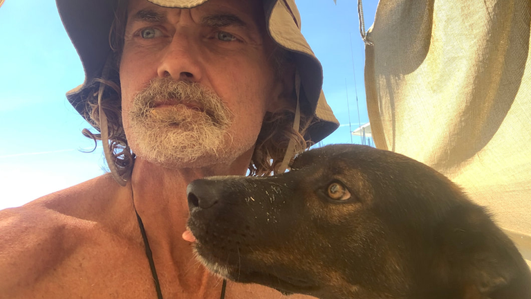 Tim Shaddock and his dog Bella survived months lost at sea on rainwater and raw fish. Pic: 9News