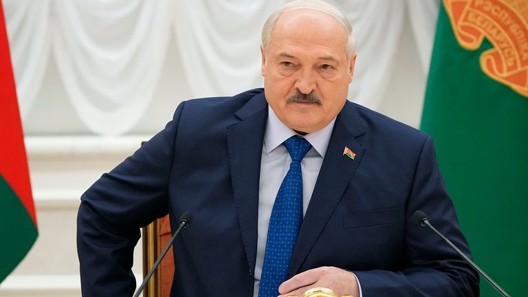 Belarusian President Alexander Lukashenko attends a meeting with foreign correspondents, in Minsk, Belarus 
Pic:AP