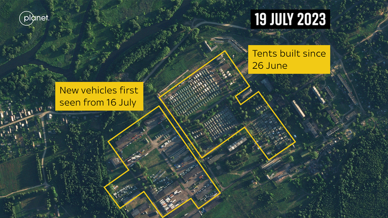 60 large trucks at the base near Tsel, which is about 65 miles southeast from the capital Minsk. This area of the base was empty just days before.