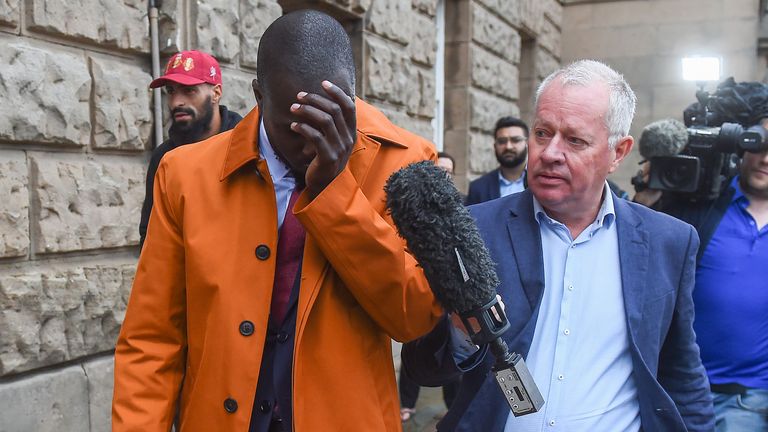 Benjamin Mendy speaks to the media as he leaves Chester Crown Court having been found not guilty of one count rape and one of attempted rape. Picture date: Friday July 14, 2023.