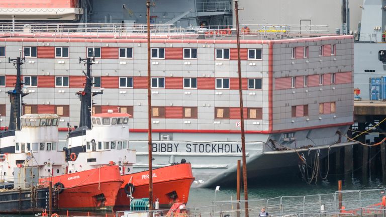 The Bibby Stockholm accommodation barge at Falmouth docks in Cornwall