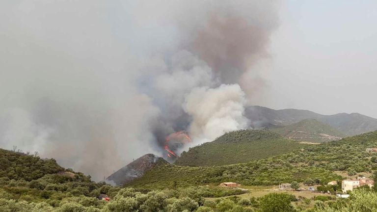 A forest fire rages on in the mountainous area of Bourbatache, Algeria, Monday, July 24, 2023. Fires raging through forests, mountain villages and towns in northern Algeria have left at more than 30 people dead — with more than 20 of them in the coastal region of Bejaia, according to authorities and a local radio station keeping track of the grim toll in Bejaia. (AP Photo/Nasri Elyas)


