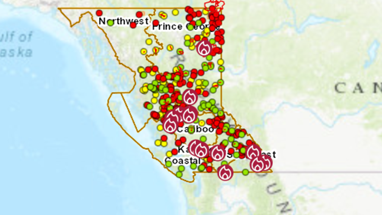 Map of the fires burning across British Colombia - with out-of-control fires marked with a red flame. Pic: BC Wildfire Service

