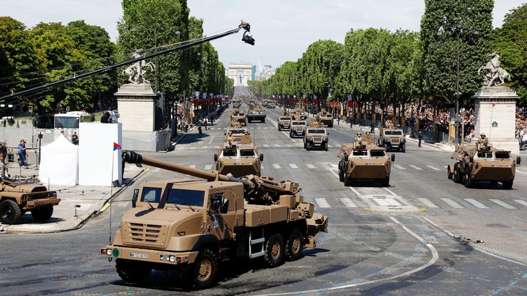 A self-propelled Caesar howitzer drives down the Champs-Elysees Avenue during the annual Bastille Day military parade in Paris, France, July 14, 2023. REUTERS/Gonzalo Fuentes