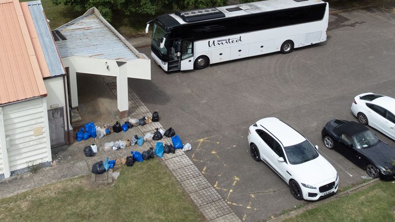 A coach believed to be carrying migrants arrive at the asylum accommodation centre at MDP Wethersfield in Essex, a 335-hectare airfield owned by the Ministry of Defence (MoD), where the Home Office have begun to house adult male migrants at the UK&#39;s largest asylum accommodation centre. Picture date: Wednesday July 12, 2023.

