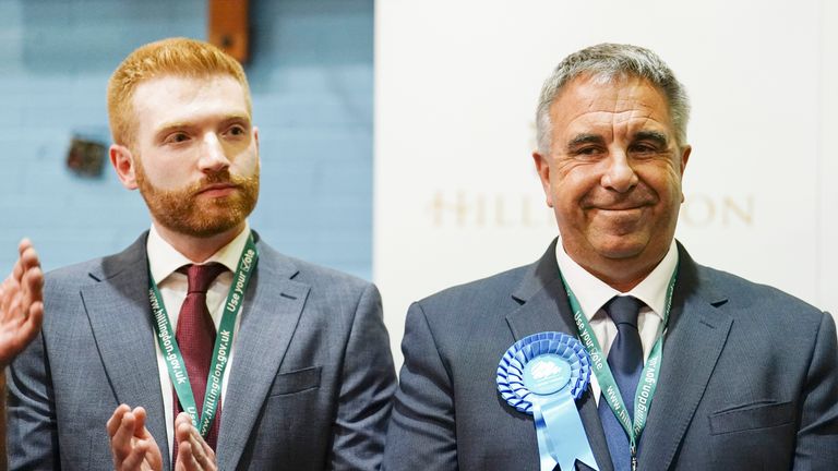 Conservative party winning candidate Steve Tuckwell and Labour candidate Danny Beales in Queensmead Sports Centre in South Ruislip,  (left) west London, after the results of the Uxbridge and South Ruislip by-election, called following the resignation of former prime minister Boris Johnson. Picture date: Friday July 21, 2023. PA Photo. See PA story POLITICS ByElections. Photo credit should read: Jordan Pettitt/PA Wire