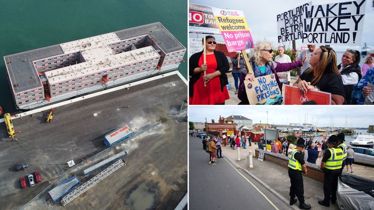 Protesters in Portland in Dorset as the  Bibby Stockholm accommodation barge  is docked 
