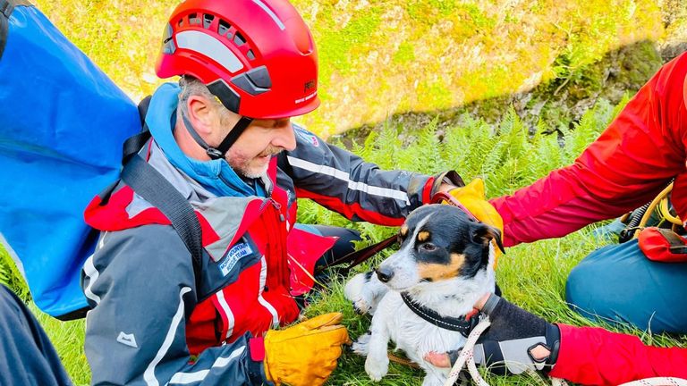 Handout photo issued by the Moffat Mountain Rescue Team of a team member with a Jack Russell dog they rescued after it plunged 60 metres down the Grey Mare&#39;s Tail waterfall in Dumfries and Galloway at around 2.45pm on Sunday. Picture date: Sunday July 16, 2023.