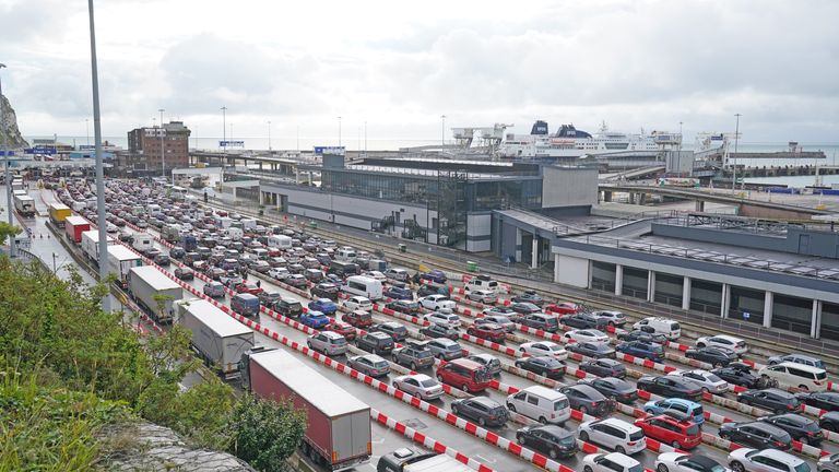 Cars queue at the Port of Dover, Kent, as the busy summer travel period continues. Picture date: Saturday July 29, 2023.