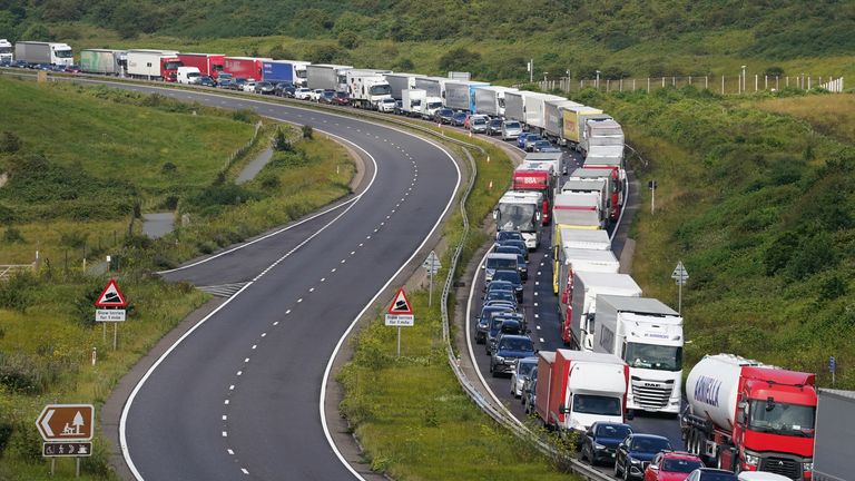 Traffic queuing on the A20 outside the Port of Dover in Kent, as the busy summer travel period continues. Picture date: Saturday July 29, 2023.
