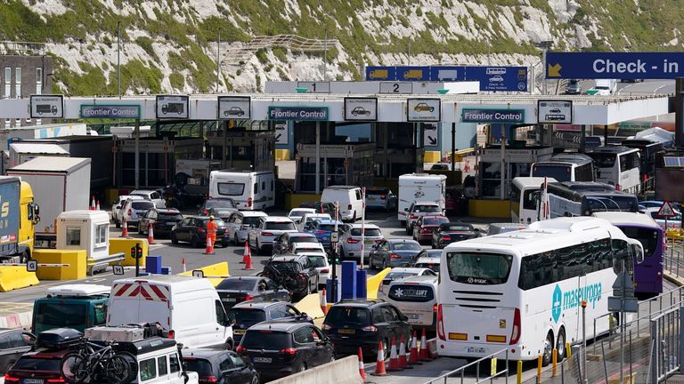 Lorries and cars queue at the Port of Dover, Kent