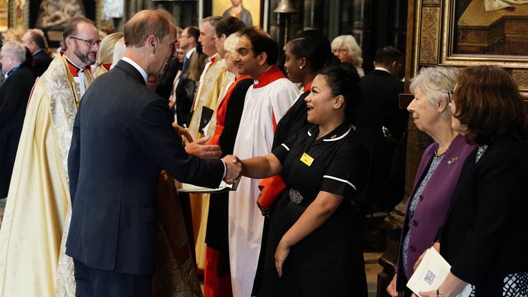 The Duke of Edinburgh speaks to Nurse May Parsons at the NHS anniversary ceremony at Westminster Abbey, London, as part of the health service&#39;s 75th anniversary celebrations. Picture date: Wednesday July 5, 2023.