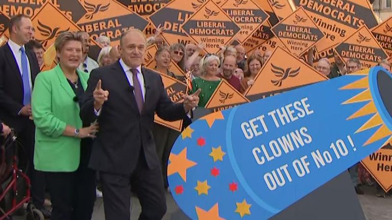 Sir Ed Davey reacts to the Liberal Democrat victory in Somerset
