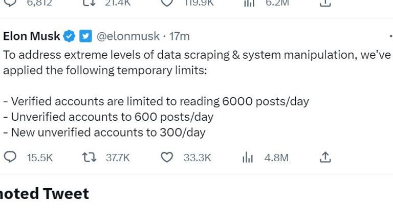 Elon Musk has announced "temporary limits" to the amount of posts people can read a day on Twitter. Pic: Twitter