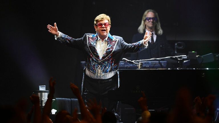 Elton John performs at the final leg of his &#39;Farewell Yellow Brick Road&#39; tour in Stockholm, Saturday, July 8, 2023. (AP Photo/Caisa Rasmussen)
