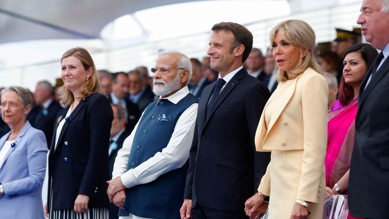 France&#39;s President Emmanuel Macron, first lady Brigitte Macron, India&#39;s Prime Minister Narendra Modi and France&#39;s Prime Minister Elisabeth Borne attend the annual Bastille Day military parade on the Champs-Elysees avenue in Paris, France, July 14, 2023. REUTERS/Gonzalo Fuentes/Pool