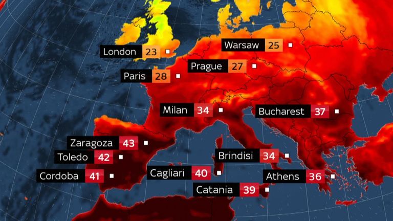 Very high temperatures continue across southern Europe