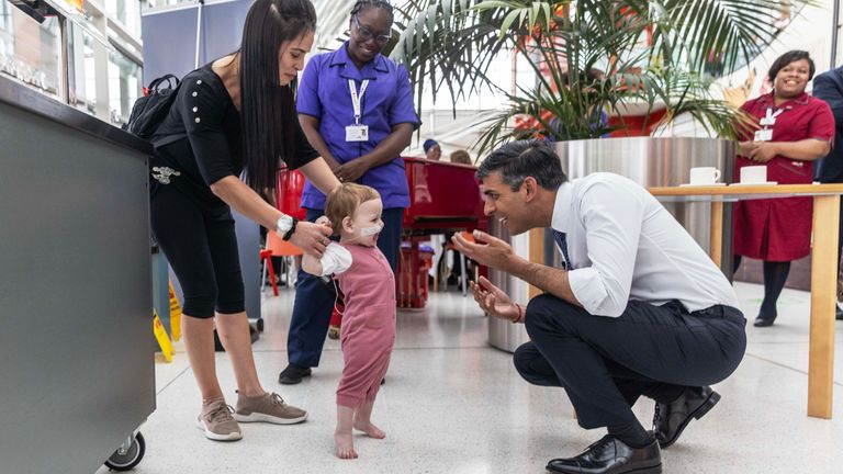 Prime Minister Rishi Sunak during a visit to the Evelina Children&#39;s ward at St Thomas&#39; hospital in central London, to take part in a NHS Big Tea celebration to mark the 75th anniversary of the NHS. Picture date: Tuesday July 4, 2023.