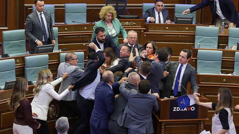 Lawmakers push each other as a brawl breaks out in Kosovo&#39;s parliament in Pristina, Kosovo
Pic:AP