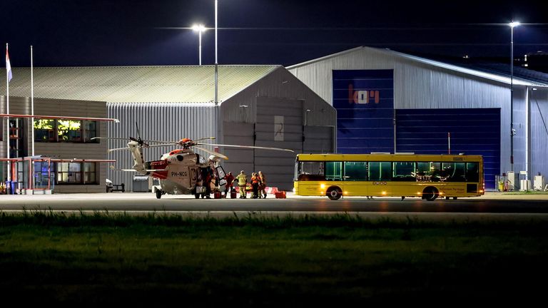 Coast Guard helicopters involved in the rescue operation on the ship Fremantle Highway  at The Hague Airport.