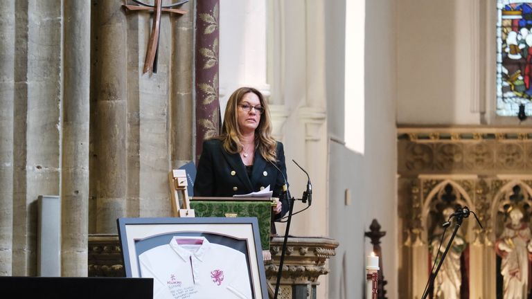 Emma Webber, the mother of Barnaby Webber, gives a reading during his funeral  