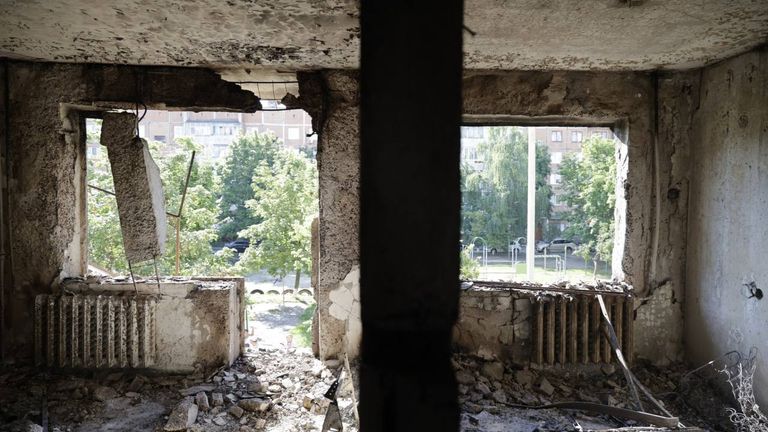 Governor Gladkov&#39;s Telegram channel is full of images of visits to Shebekino and other affected towns. This image reportedly shows a damaged building on Shebekino&#39;s Zheleznodorozhnaya Street. Image: Vyacheslav Gladkov via Telegram