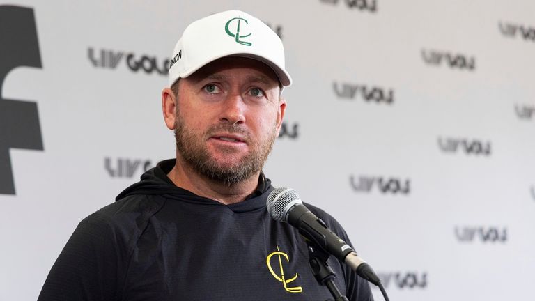 Graeme McDowell of Cleeks GC speaks at a press conference during the practice round ahead of LIV Golf London at the Centurion Club on Wednesday, July 05, 2023 in Hemel Hempstead, United Kingdom. (Photo by Chris Trotman/LIV Golf via AP)