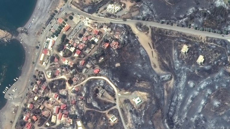 Burned buildings in Kiotari, Rhodes, Greece (24 July, 2023). Source: Maxar