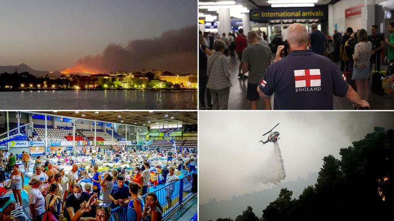 (Clockwise) - Smoke rises from a wildfire on Corfu Island, holidaymakers arrive at Gatwick airport,  a  helicopter drops water to extinguish a wildfire, in Diakopto and tourists are sheltered in a stadium after being evacuated following a wildfire on the island of Rhodes,