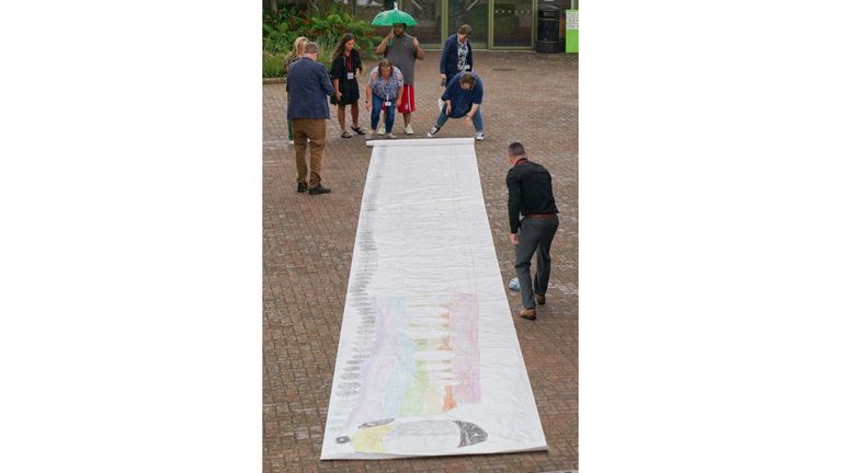 A drawing by Harvey Price, and ten of his friends from the residential college where they live, that has been awarded with the Guinness World Record for the longest drawing of a train. Picture date: Thursday July 13, 2023.