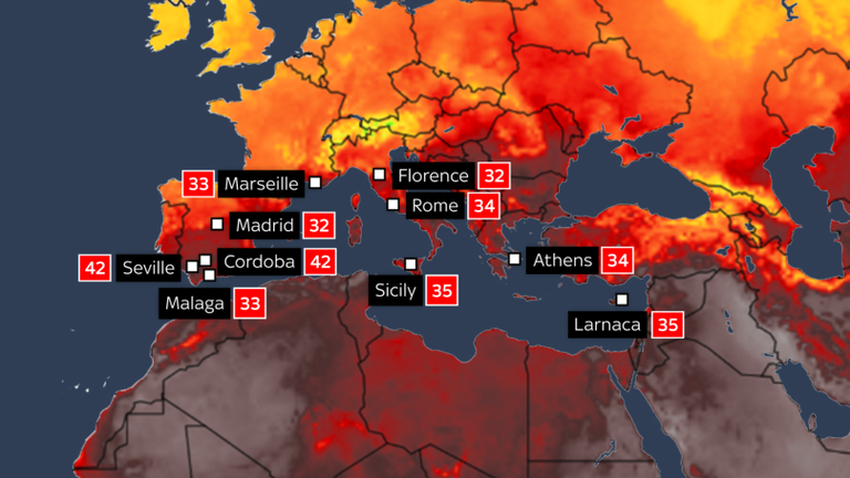 The predicted maximum temperatures across Europe today