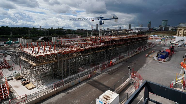 Workers are seen on a recently developed viaduct which will bring HS2 services into Birmingham city centre at the site of the HS2 project at Curzon Street Station. Picture date: Monday July 17, 2023.