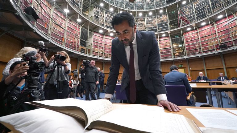 First Minister Humza Yousaf views records on display at the launch of a policy paper on citizenship in an independent Scotland, at the National Records Of Scotland in Edinburgh. Picture date: Thursday July 27, 2023.

