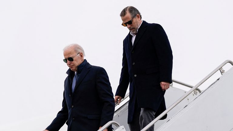 U.S. President Joe Biden and son Hunter Biden disembark from Air Force One at Hancock Field Air National Guard Base in Syracuse, New York, U.S., February 4, 2023. REUTERS/Elizabeth Frantz