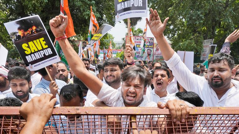 Members of the youth wing of India&#39;s Congress party shout slogans during a protest near Parliament House in New Delhi, India 
Pic:AP