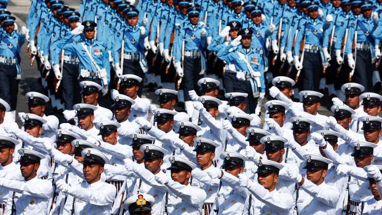 Indian Navy and Air Force troops march during the annual Bastille Day military parade in Paris, France, July 14, 2023. REUTERS/Gonzalo Fuentes
