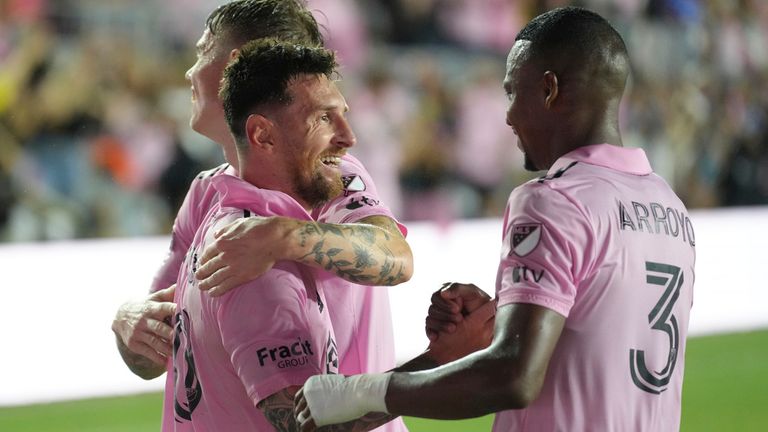 FORT LAUDERDALE, FL - JULY 21: Inter Miami midfielder Lionel Messi (10) celebrates his goal in the second half with teammates during the Leagues Cup game between Cruz Azul and Inter Miami CF on Friday, July 21, 2023 at DRV PNK Stadium, Fort Lauderdale, Fla. (Photo by Peter Joneleit/Icon Sportswire) (Icon Sportswire via AP Images)
