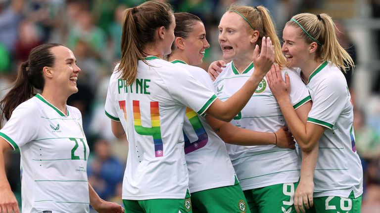 Ireland&#39;s Amber Barrett (second right) celebrates scoring their side&#39;s first goal of the game during the international friendly match at the Tallaght Stadium, Dublin. Picture date: Thursday June 22, 2023. PA Photo. See PA story SOCCER Republic Women. Photo credit should read: Lorraine O&#39;Sullivan/PA Wire...RESTRICTIONS: Use subject to restrictions. Editorial use only, no commercial use without prior consent from rights holder.