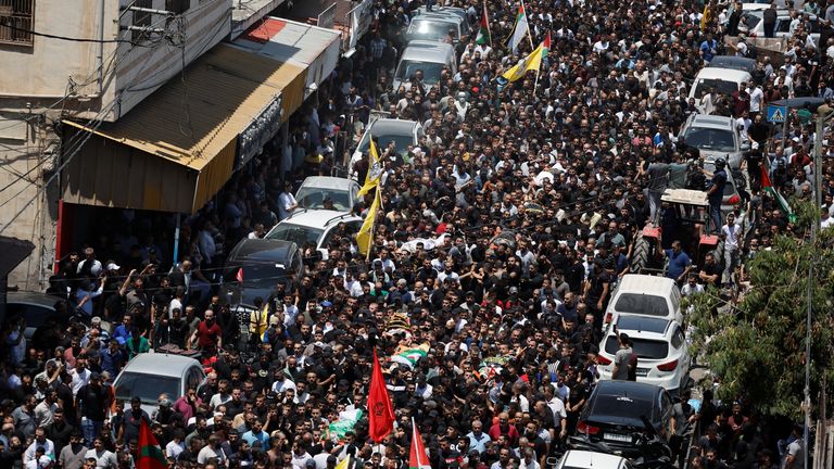 Mourners attend the funeral of Palestinians killed during an Israeli military operation, in Jenin in the Israeli-occupied West Bank July 5, 2023. REUTERS/Ammar Awad
