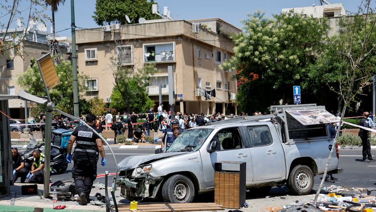 Israeli police work at the scene of a ramming attack in Tel Aviv, Israel July 4, 2023. REUTERS/Amir Cohen
