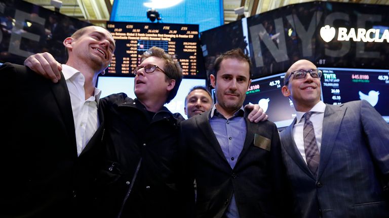 Twitter co-founders Dorsey (left), Biz Stone (second left) and Evan Williams celebrate stock exchange listing with Dick Costolo in 2013