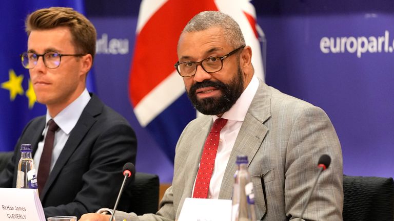 British Foreign Secretary James Cleverly speaks during a meeting at the European Parliament in Brussels. Pic: AP