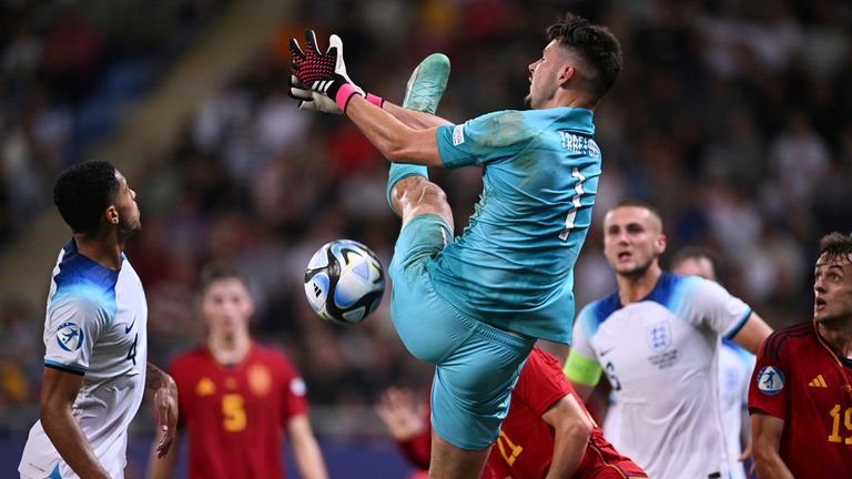 England&#39;s goalkeeper James Trafford makes a save during the Euro 2023 U21 final. Pic: AP